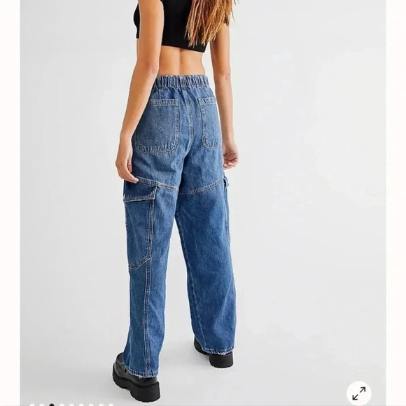 New Free People All Star Pull On Wide Leg Baggy Low Slung Jeans Cargo Medium - Picture 4 of 14